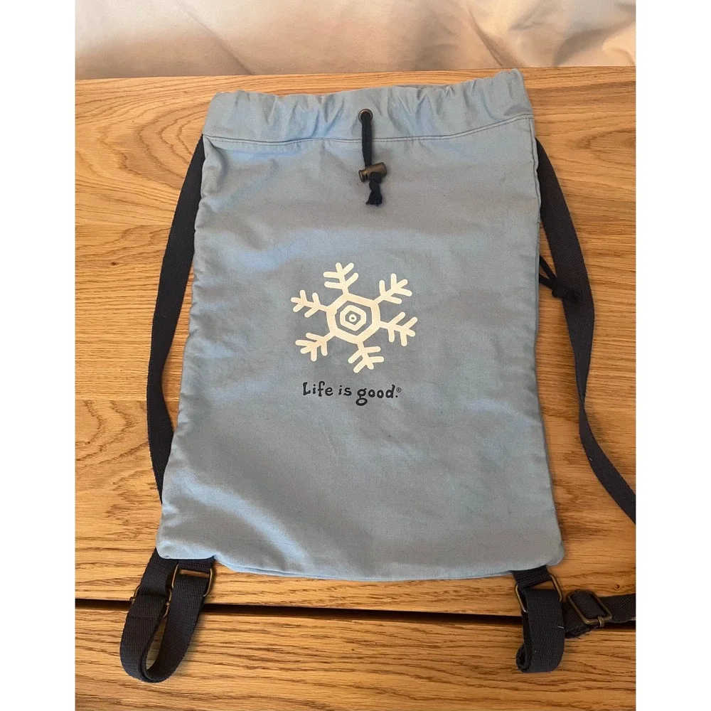 Life is Good Blue Canvas Snowflake Drawstring Backpack Cinch Bag with Zip Pocket